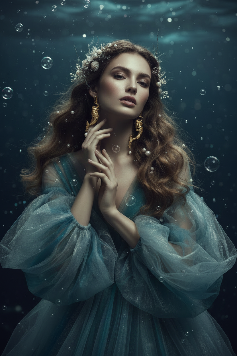 A woman underwater wearing a flowing blue tulle gown with sheer long sleeves, pearl-like headpiece, and large ornate gold earrings, surrounded by bubbles and dark blue water.