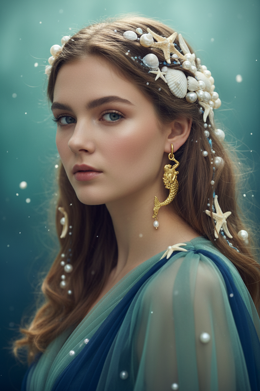 A woman with long brown hair wears a decorative headpiece of white pearls and starfish, along with dangling gold and pearl earrings, against a teal-blue background with soft floating light effects.