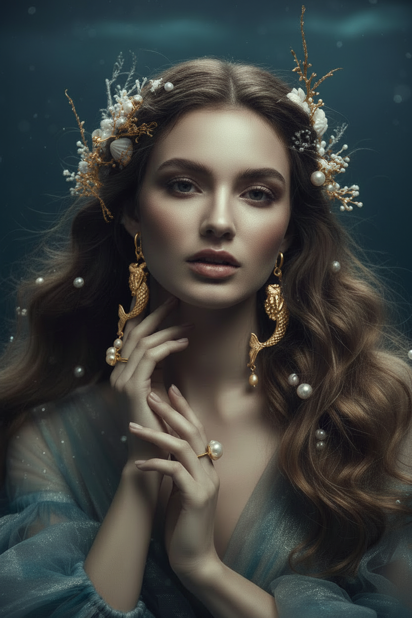 A woman with long wavy brown hair wears an ornate mermaid-themed jewelry set featuring gold mermaid-shaped drop earrings, pearl and shell floral headpieces, and rings, styled against a dark teal underwater-like background.