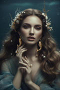 A woman with long wavy brown hair wears an ornate mermaid-themed jewelry set featuring gold mermaid-shaped drop earrings, pearl and shell floral headpieces, and rings, styled against a dark teal underwater-like background.