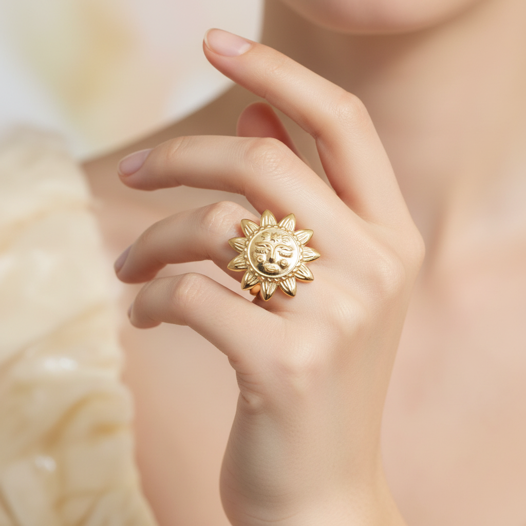 Gold sun-shaped ring on a hand with a soft background