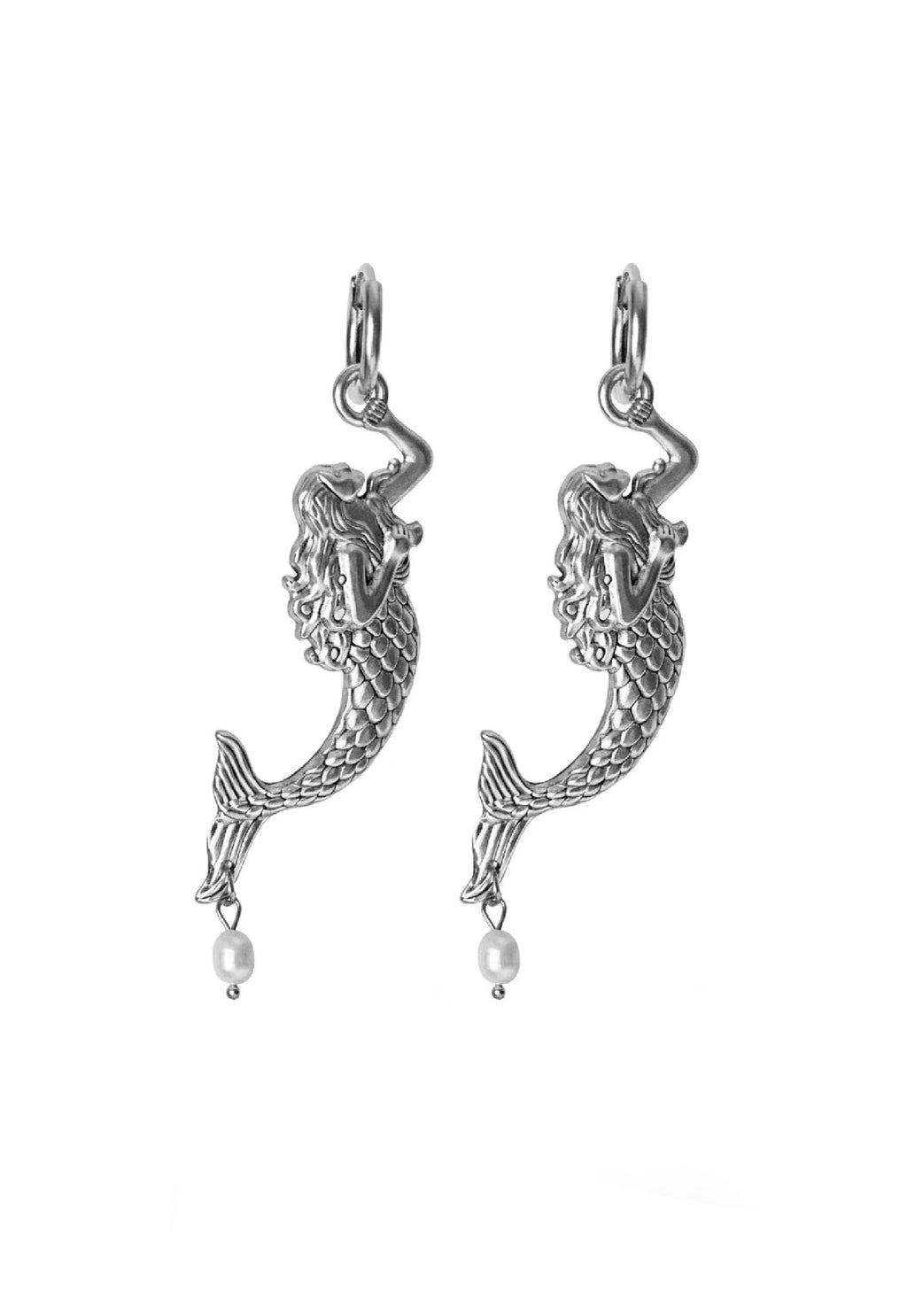 A pair of silver-toned mermaid dangle earrings with small pearl-like drops, shown on a plain white background.