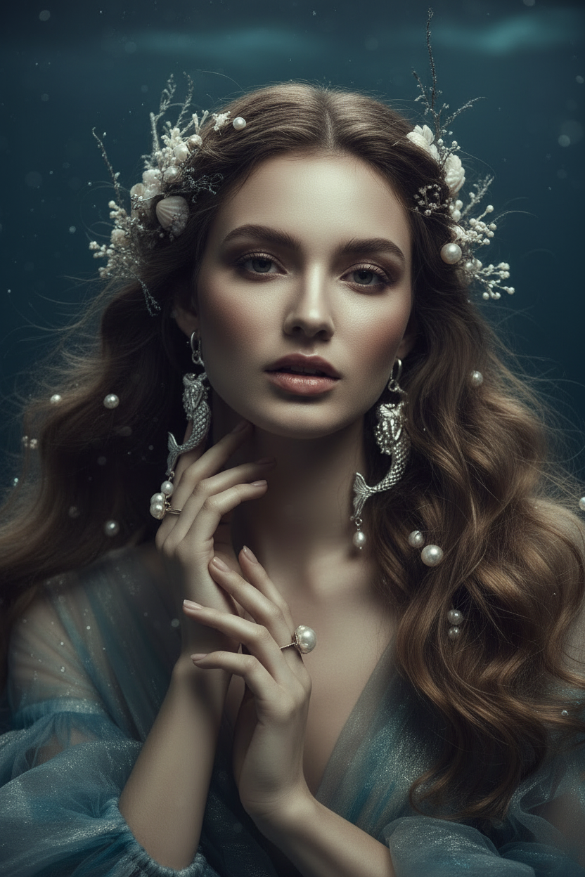 A woman with long wavy light brown hair wears an ornate white floral headpiece with pearl-like beads, matching dangling earrings, and a sheer blue gown against a dark teal underwater-like background.