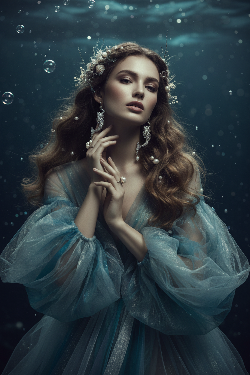 A woman underwater wearing a flowing light blue tulle gown with sheer voluminous sleeves, pearl-like floral headpiece, and dangling pearl earrings, set against a dark blue aquatic background with bubbles.