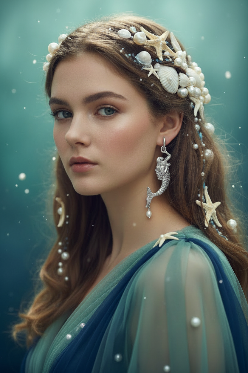 A woman with long brown hair wears a mermaid-themed headpiece made of pearls, shells, and starfish, along with matching dangling earrings, against a teal ocean-like background.