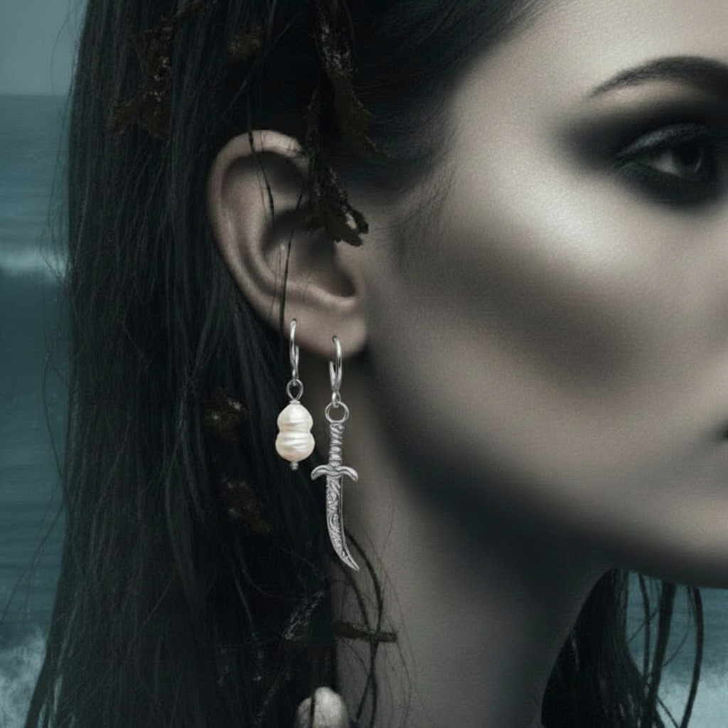 A close-up of a woman's ear wearing two silver dangling earrings: one with a small white pearl bead and one with an engraved silver sword charm, against a moody dark background.