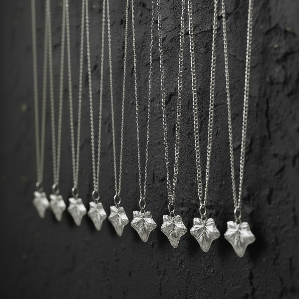 A row of silver Ivy leaf  pendant necklaces hanging against a dark textured background.