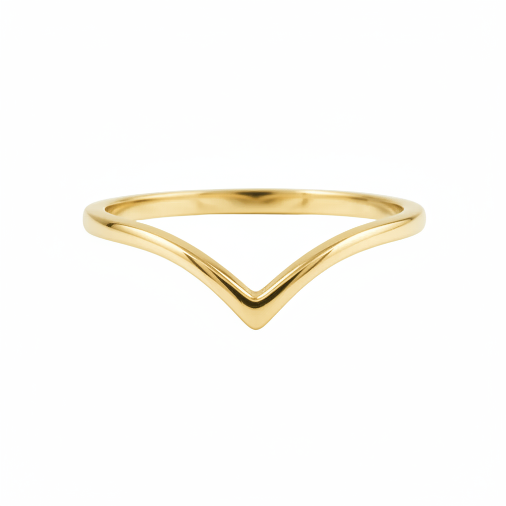A polished yellow gold ring with a unique wavy, V-shaped chevron design, shown on a plain white background.