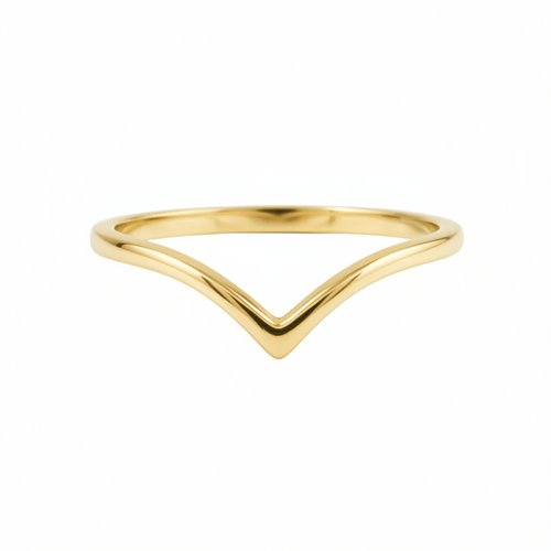 A polished yellow gold ring with a unique wavy, V-shaped chevron design, shown on a plain white background.