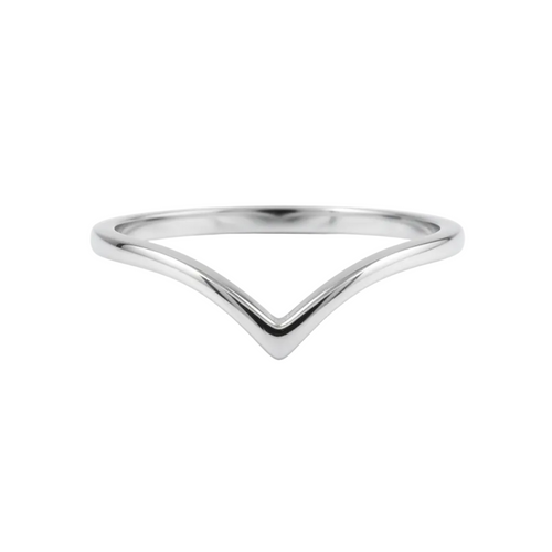 A polished silver ring with a minimalist, open V-shaped chevron design, shown against a plain white background.