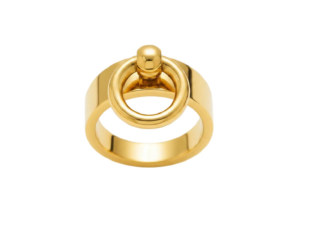 Chunky gold ring with a smaller gold hoop on a white background. 