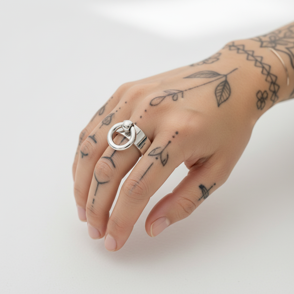 A silver ring with a circular a ring, worn on a tattooed hand against a white background.
