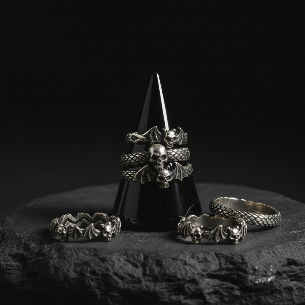 Black crystal ring holder with rings on a dark background 