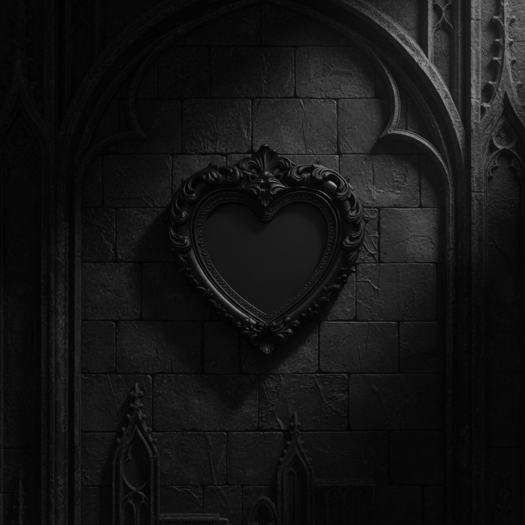 Black gothic heart shaped picture frame hung in a dark background.