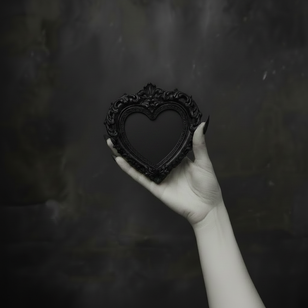 Hand holding a black heart-shaped frame against a dark background.