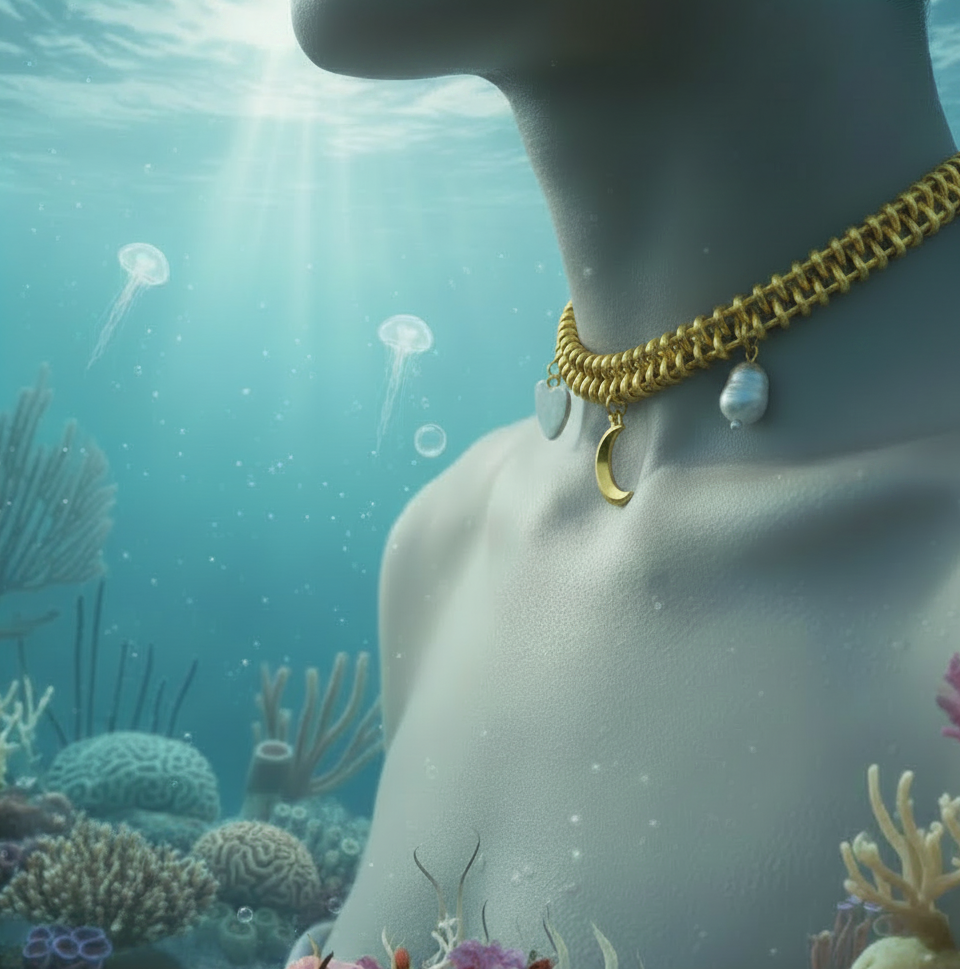 A gold chain choker necklace with a crescent moon and pearl-like charms, shown on a mannequin neck against an underwater coral reef background.