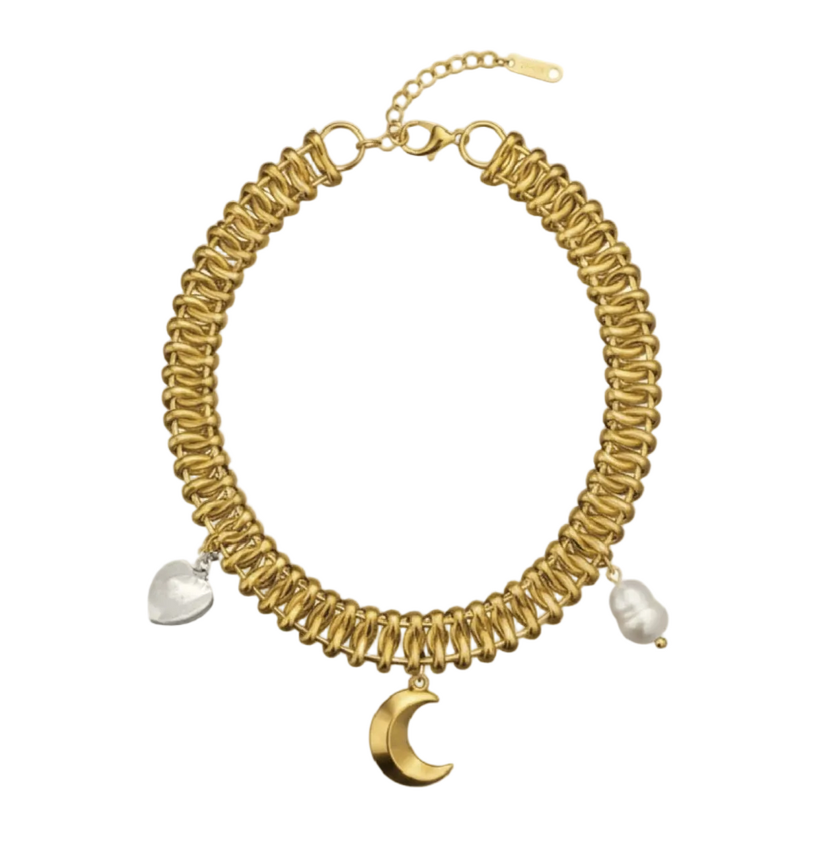 A gold-toned coiled chain choker necklace with dangling charms, including a crescent moon at the center, a small silver heart, and a white pearl-like bead.