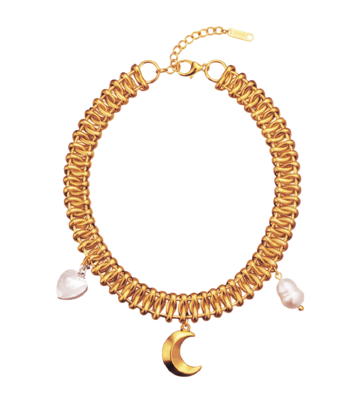 A gold-toned coiled chain necklace with a crescent moon charm and two small white pearl-like beads, shown on a plain white background.