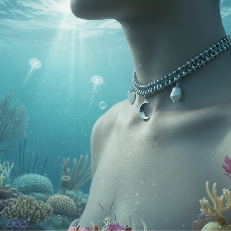 A close-up of a mannequin or dress form underwater scene wearing a silver chain choker necklace with moon and shell charms, surrounded by blue water, jellyfish, and coral.