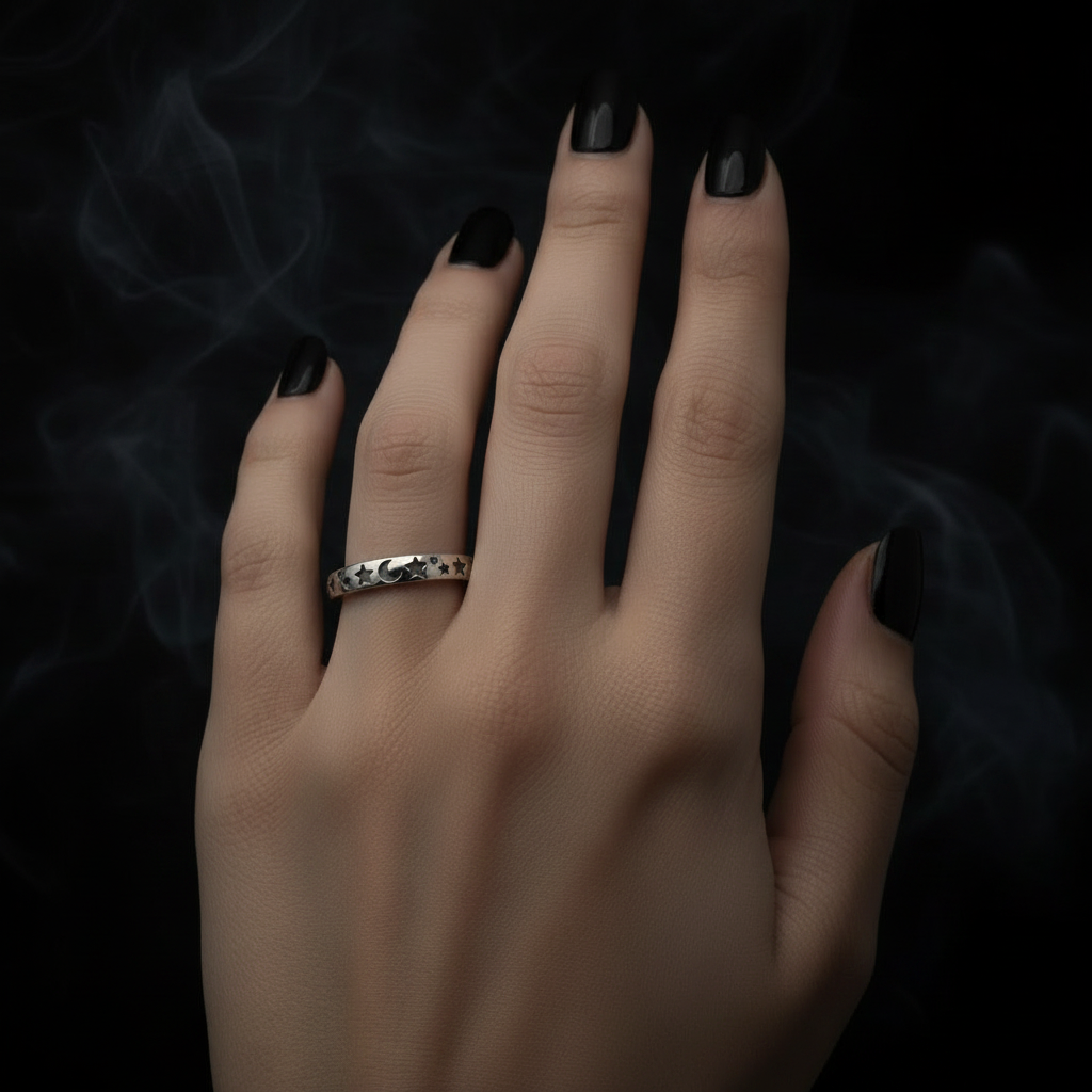 A hand with black nail polish wearing a silver band ring decorated with small black star-like motifs, set against a dark background with subtle smoke.