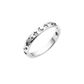 A silver band ring featuring a repeating pattern of cutout stars and a crescent moon, shown on a plain white background.