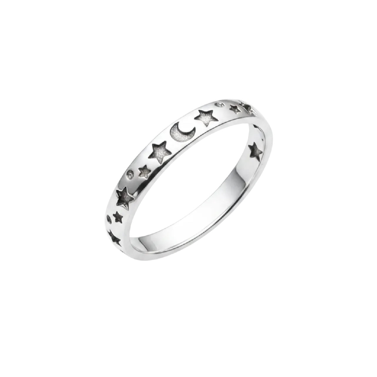 A silver band ring featuring a repeating pattern of cutout stars and a crescent moon, shown on a plain white background.