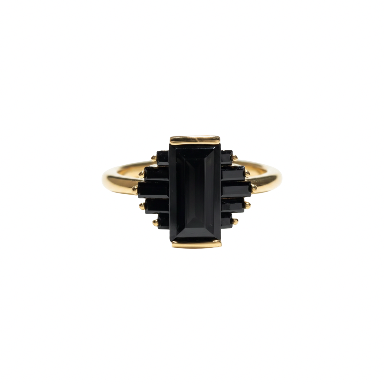 A gold ring featuring a central rectangular black gemstone surrounded by smaller stacked black rectangular stones, set on a plain white background, kookikent.