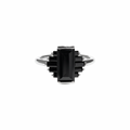 A silver ring featuring a central rectangular black gemstone surrounded by smaller black rectangular stones, set on a plain white background, kookikent.