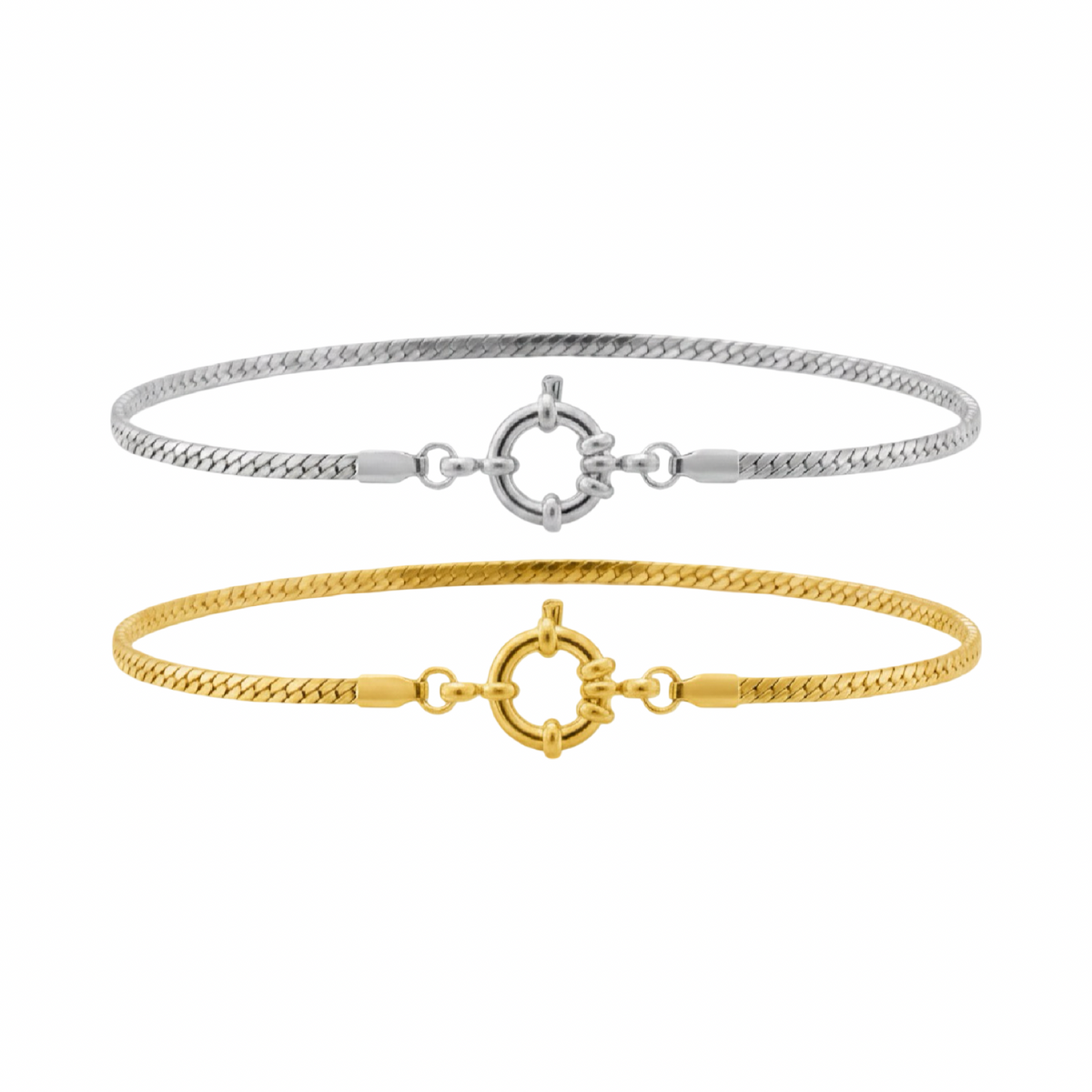 Two gold and silver bracelets on a white background