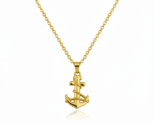 Gold anchor necklace on a white background.