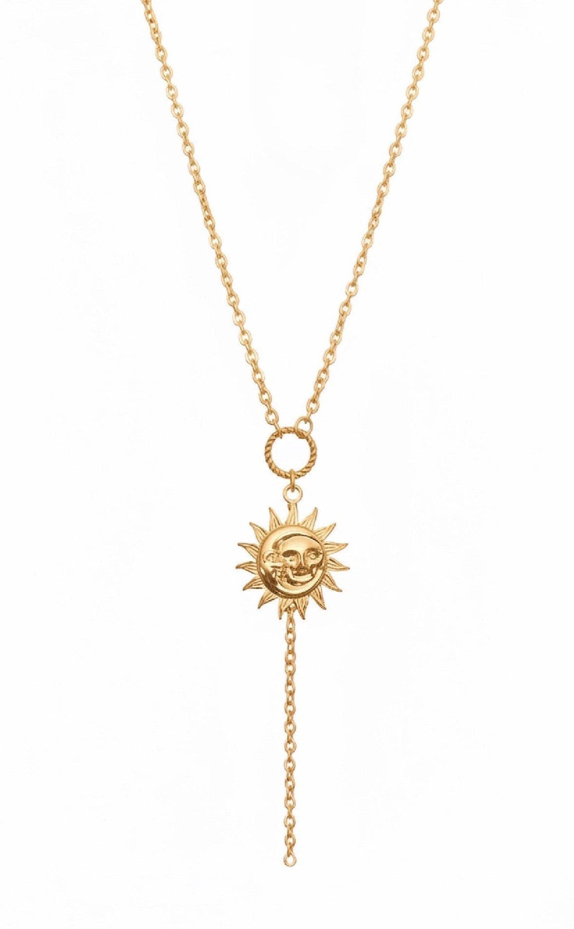 Gold necklace with a gold sun, moon pendant with a dangling gold chain. 
