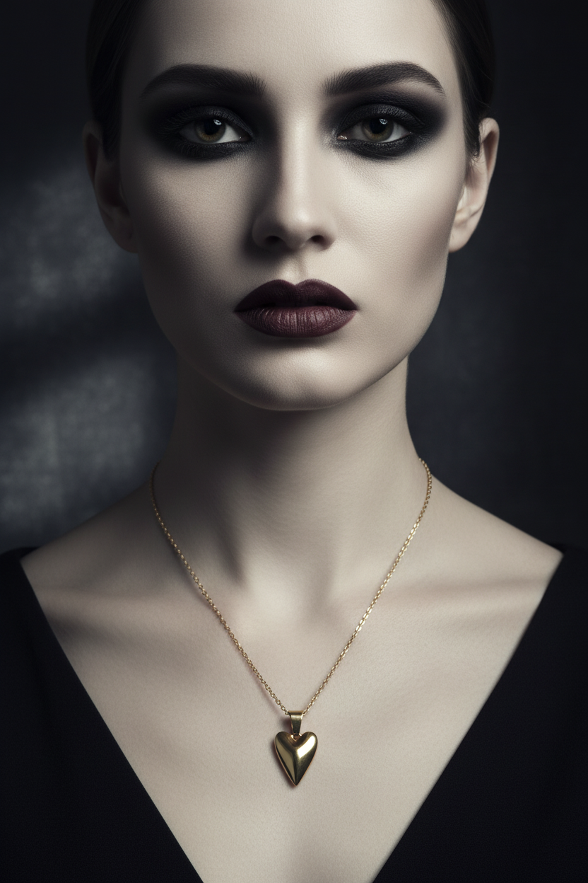 Woman wearing a gold necklace with a heart pendant against a dark background