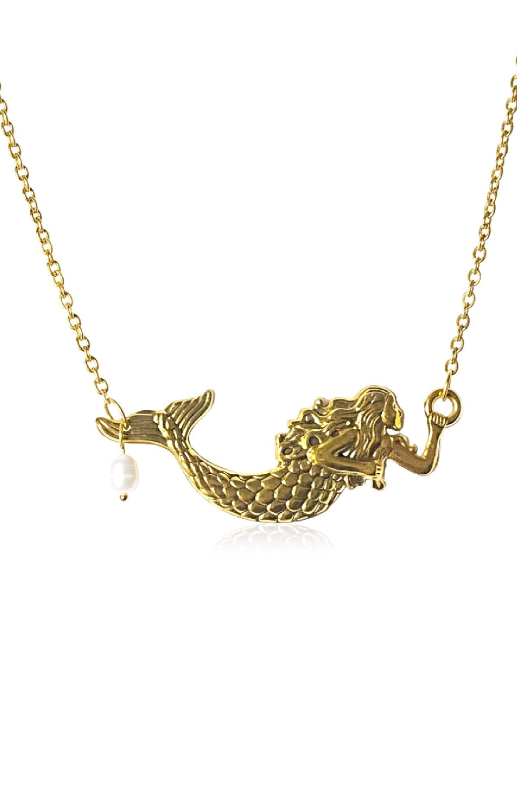 Gold mermaid necklace with a detailed mermaid figure on a delicate chain, featuring a small dangling white pearl bead, shown against a plain white background.
