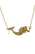 Gold mermaid necklace with a detailed mermaid figure on a delicate chain, featuring a small dangling white pearl bead, shown against a plain white background.