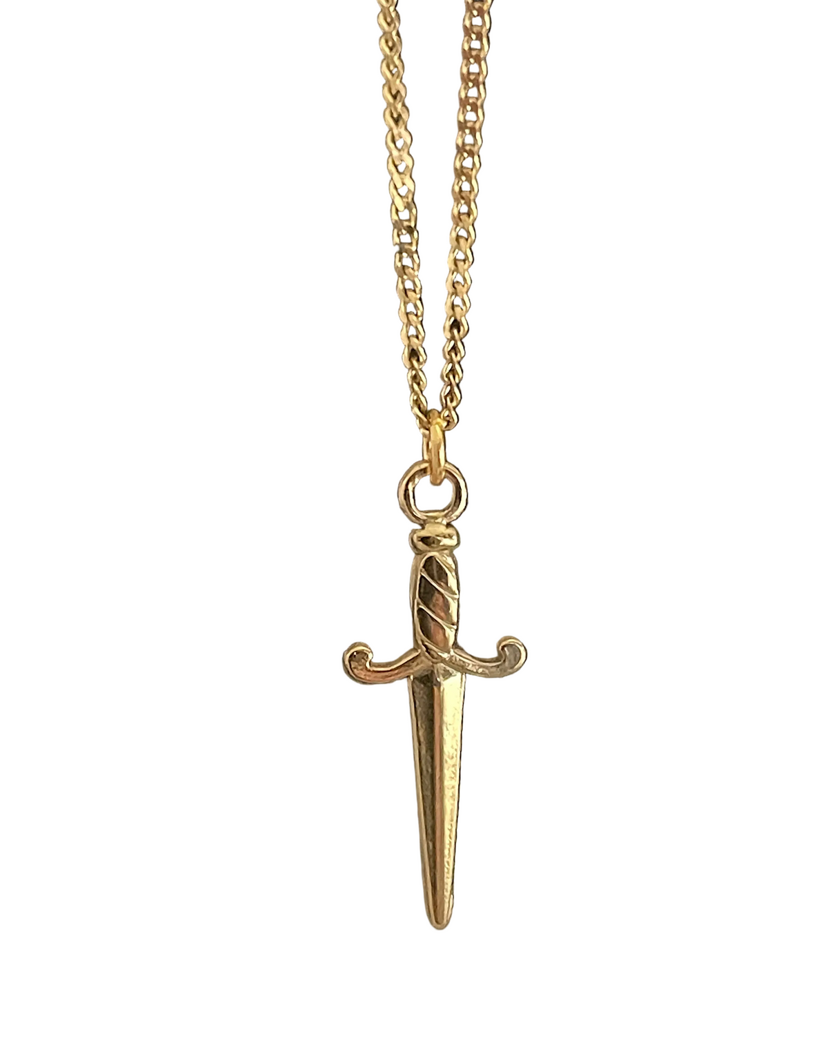 Gold sword-shaped pendant on a chain against a white background