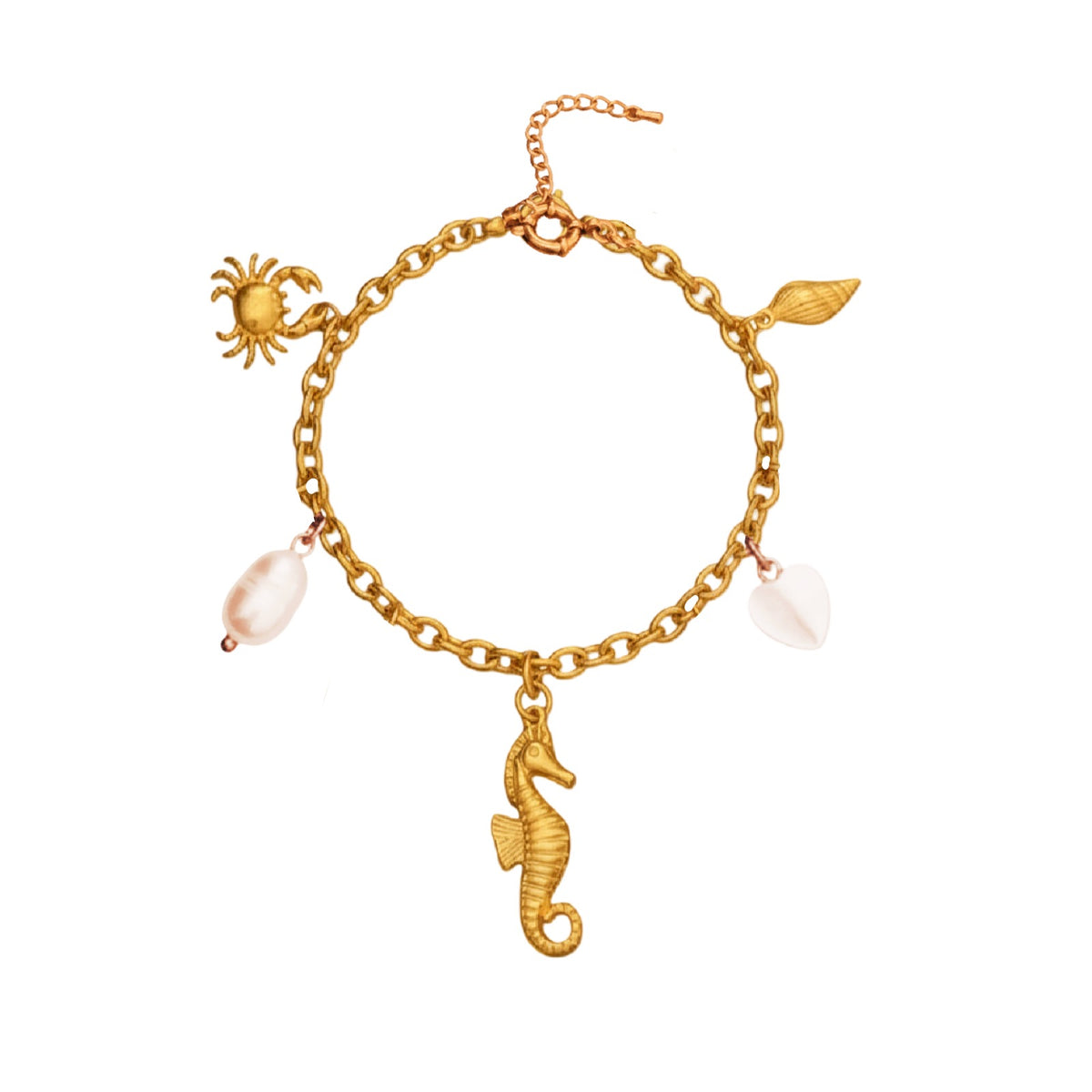 Gold bracelet with seahorse, crab, seashell, shell heart and pearl charm on a white background
