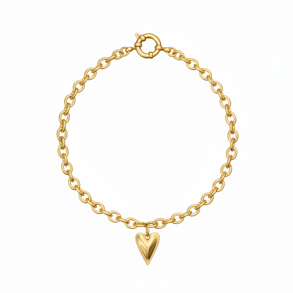 Gold chain bracelet with a heart-shaped charm on a white background