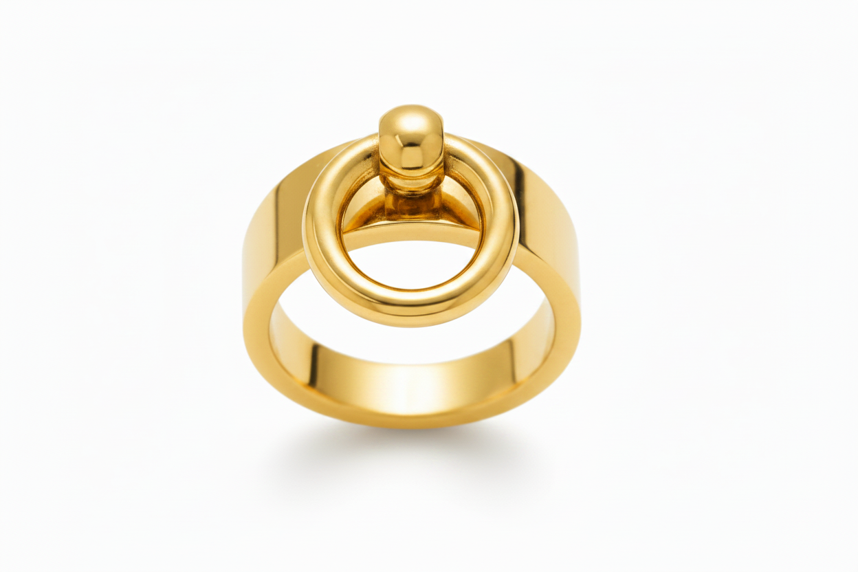 A polished gold ring with a unique gold hoop, shown on a clean white background.