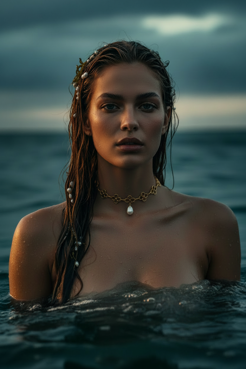 A woman with wet hair stands in ocean water, wearing a gold chain necklace with a teardrop pearl pendant and pearl hair accessories.