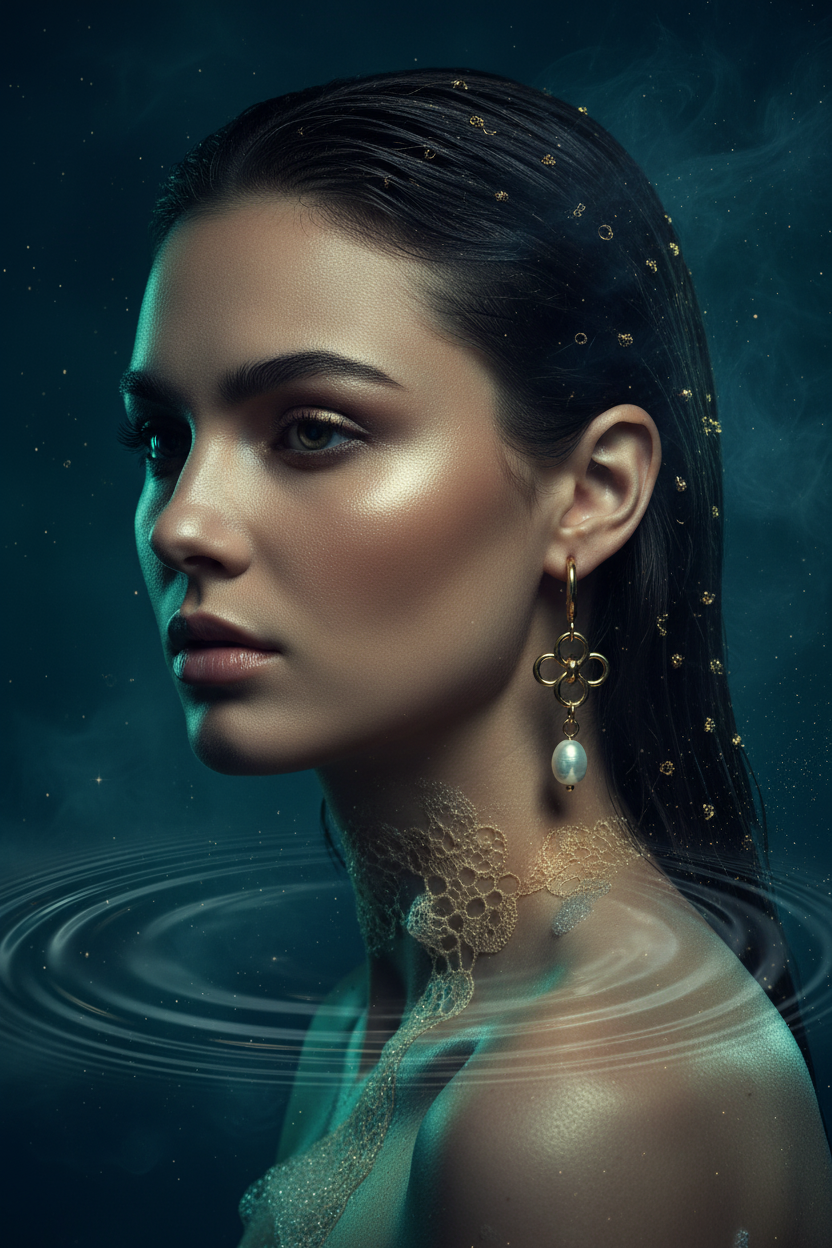 A woman in profile wearing a dangling gold earring with a white pearl, set against a dark teal water-themed background with ripples and subtle digital artwork effects.