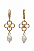 A pair of gold hoop earrings with a four-ring floral design and a dangling white pearl, shown on a plain white background.