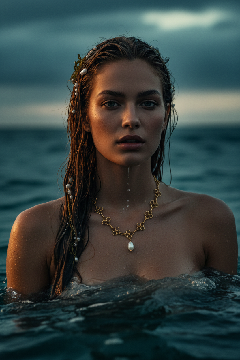 A wet woman with long brown hair stands in ocean water, wearing a gold chain necklace with a white pearl pendant and matching pearl hair accessories against a dark stormy sky and sea background.