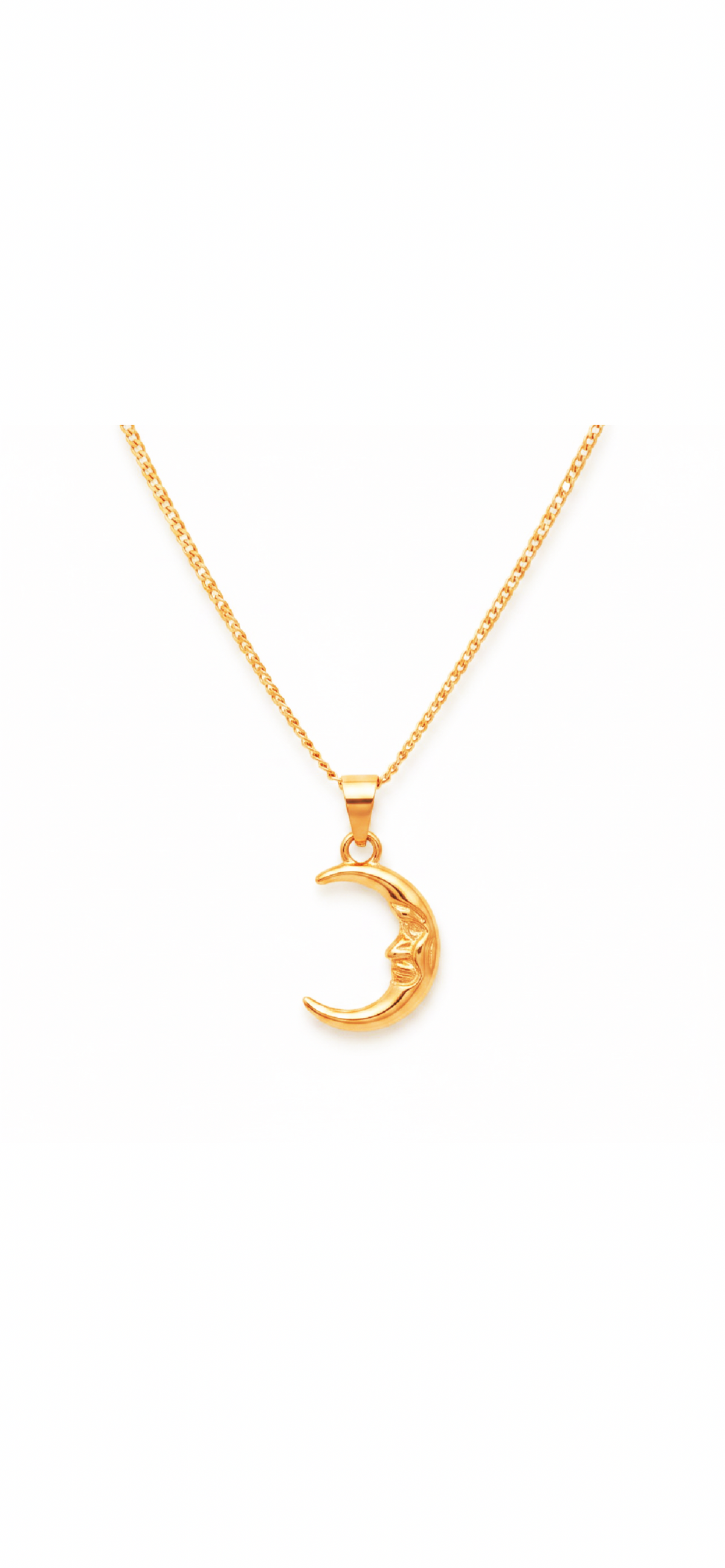 A gold crescent moon pendant necklace on a delicate gold chain, displayed against a solid white background.
