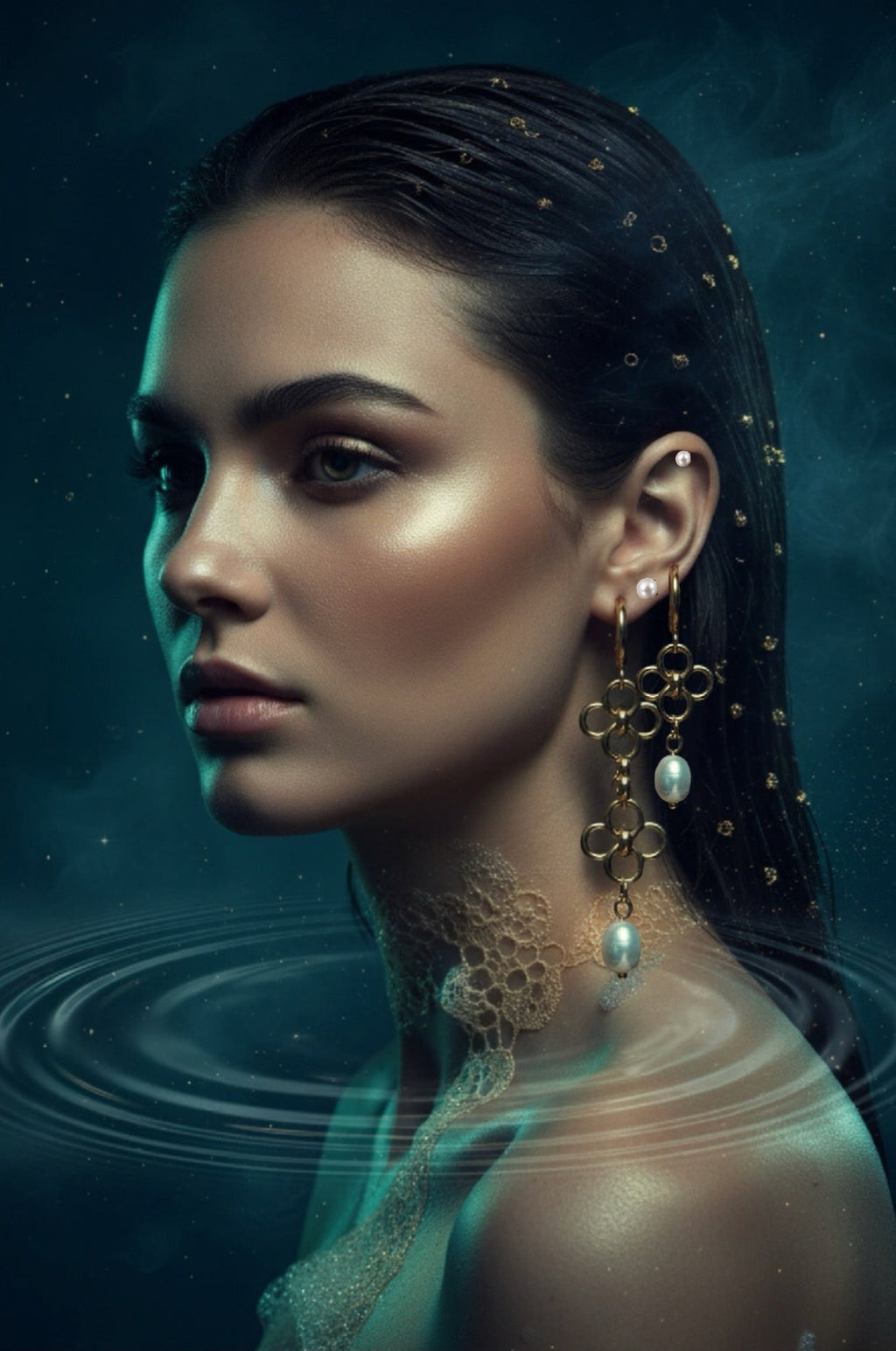 A woman in profile wearing ornate dangling earrings with gold-toned filigree and white pearl-like drops, set against a dark teal water-themed background with ripples and subtle lighting on her skin.