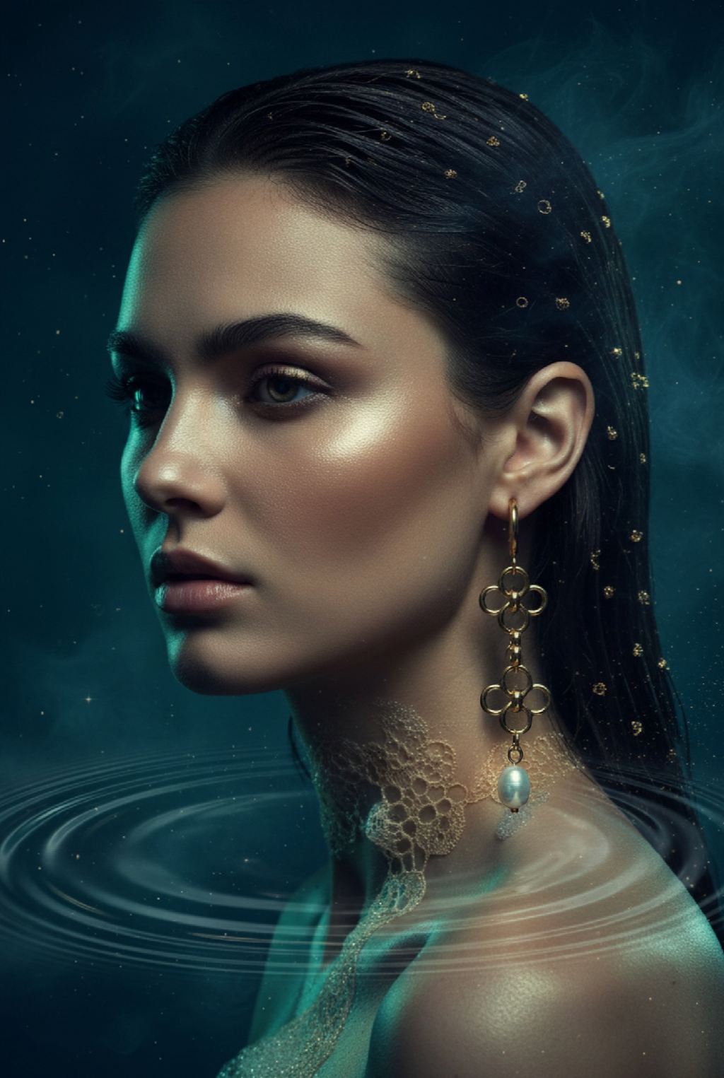 A woman in profile wearing ornate gold dangling earrings and a matching gold lace choker, set against a dark teal water-like background with ripples and small gold specks.