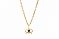 Gold necklace with an eye-shaped pendant on a white background