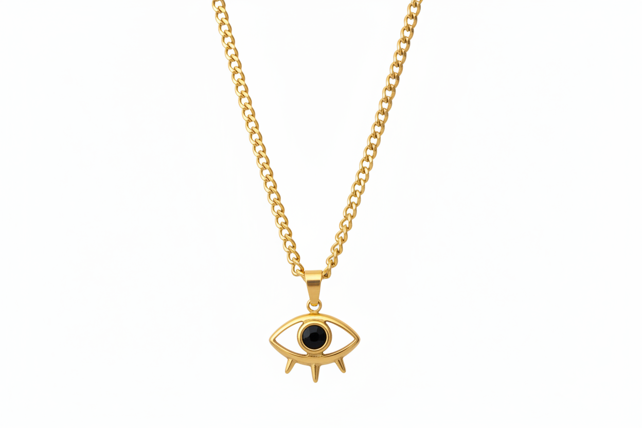 Gold necklace with an eye-shaped pendant on a white background