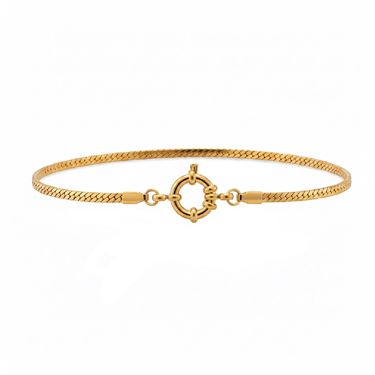 Gold bracelet with a clasp on a white background