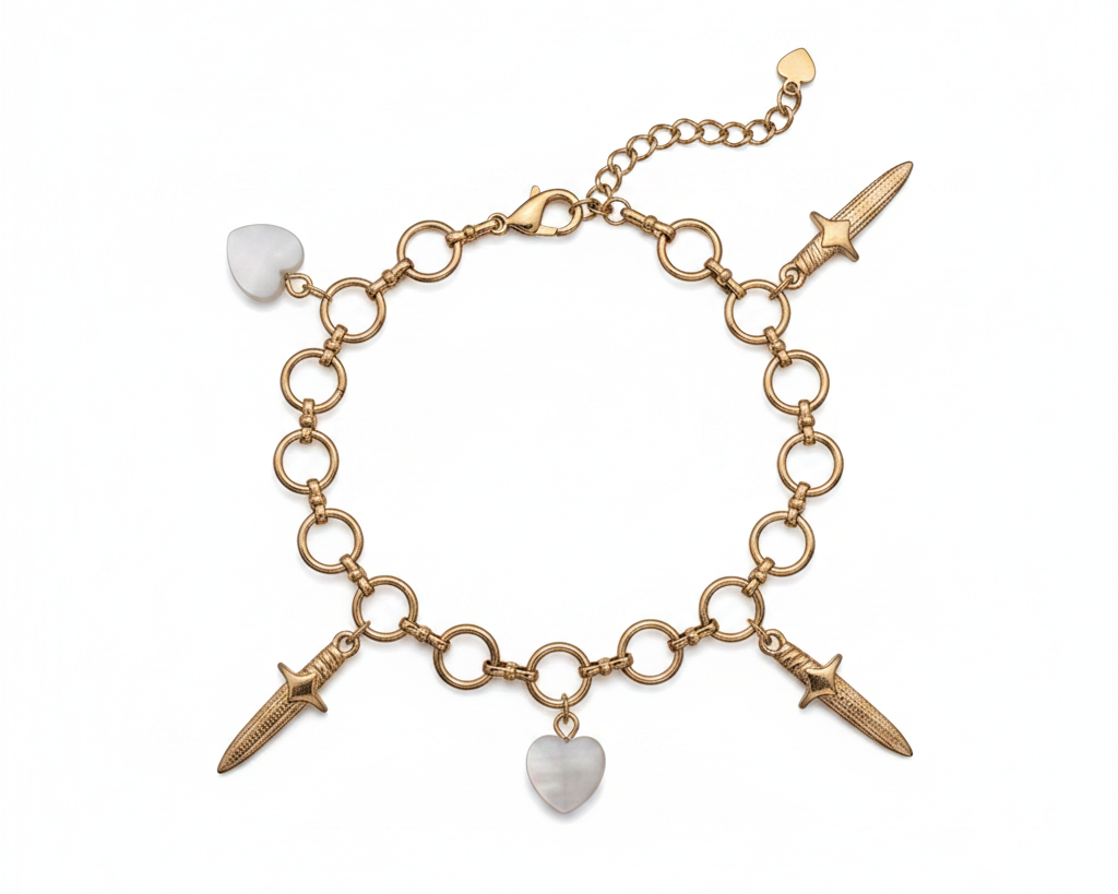 Gold bracelet with heart and dagger charms on a white background