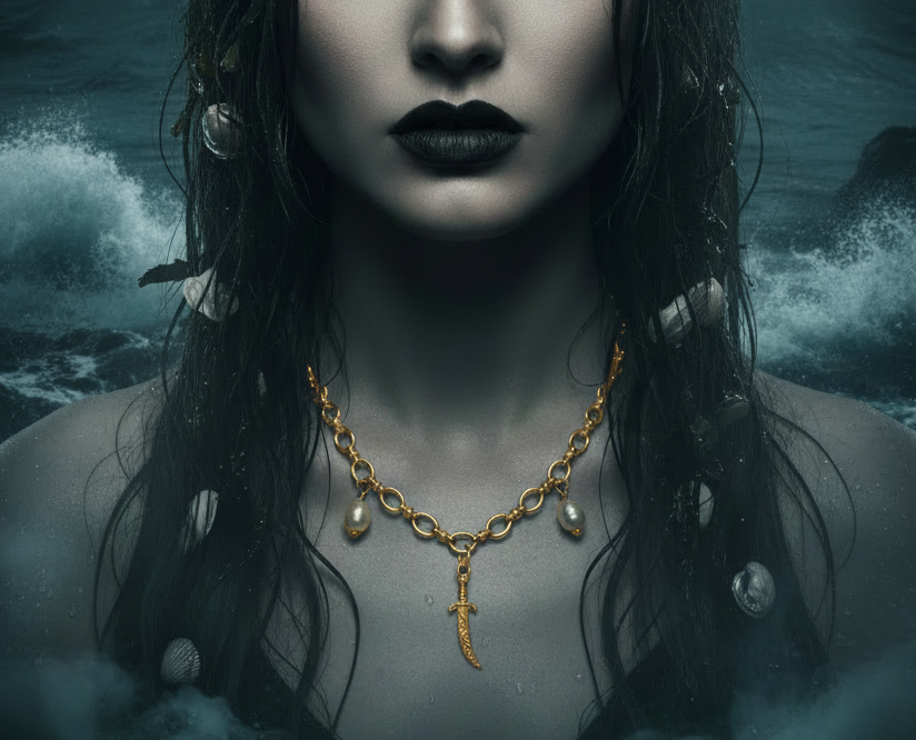 A gothic-style portrait of a woman with dark hair, dramatic eye makeup, and black lipstick, wearing a gold pendant necklace with pearl-like drops, set against a stormy ocean background.
